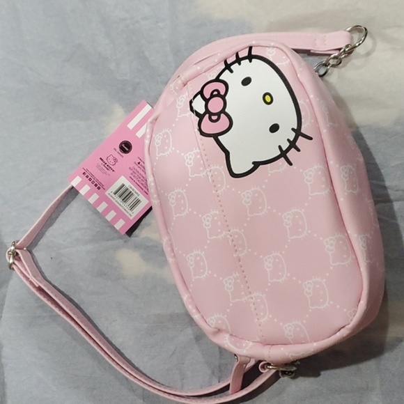 Hello Kitty pink canvas look hello kitty logo chainlink crossbody bag purse new - Picture 3 of 11